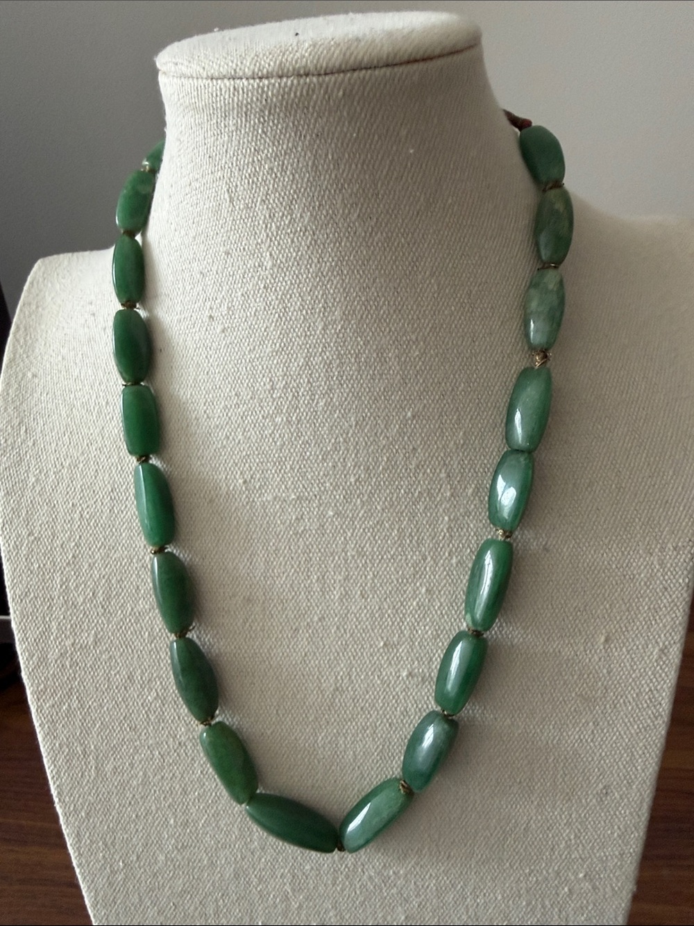 Vintage Jade Green Aventurine Beaded Necklace Accented w/Brown Cord & Tassel,